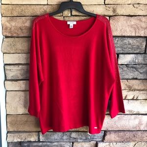 Calvin Klein red thin knit scoop neck gold detail sweater Large